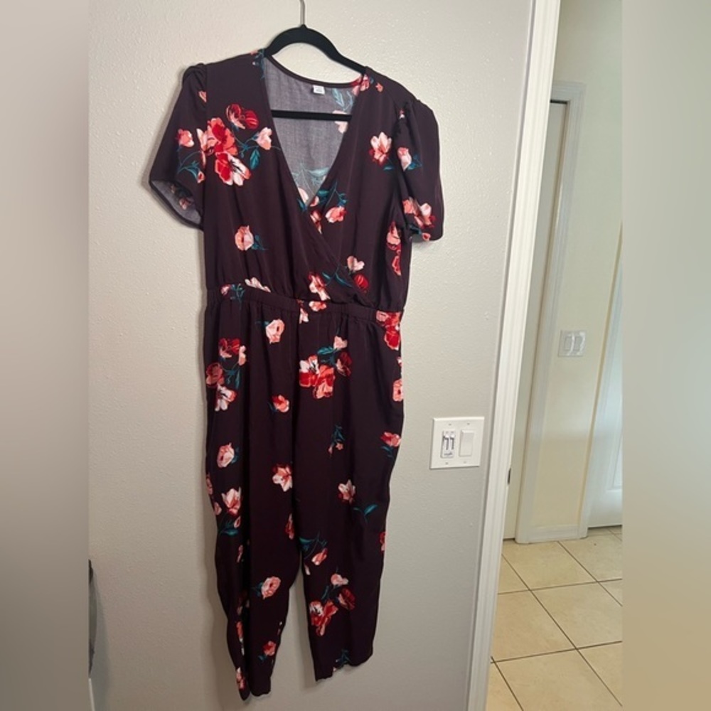 Old Navy Dark Plum Floral Jumpsuit with Red & Pink Flowers